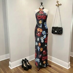 Adrianna Black Floral Satin Maxi Dress Size 2 Formal Halter Evening Gown